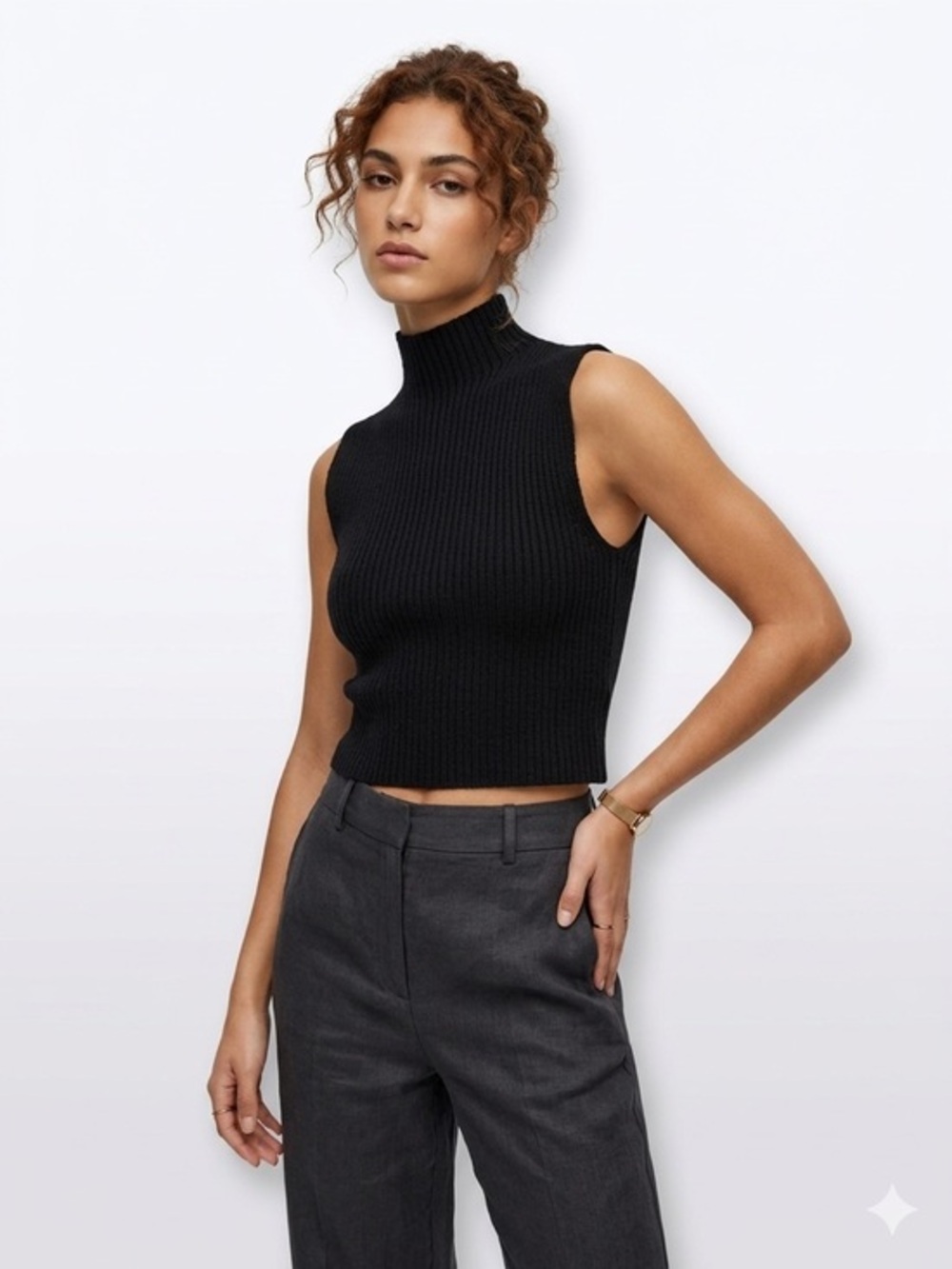 Zara Black Ribbed Mock Neck Sleeveless Stretchy Knit Crop Top Size Small